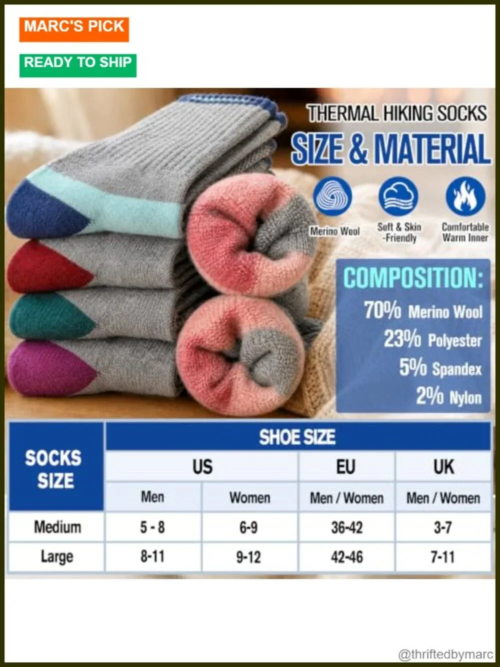 5 Pairs Merino Wool Hiking Socks Warm Thermal Cushioned Moisture Wicking
